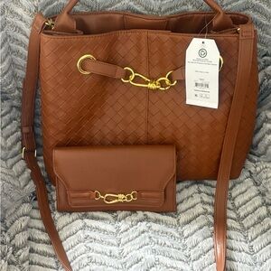 Brown Woven Handbag and Wallet Set